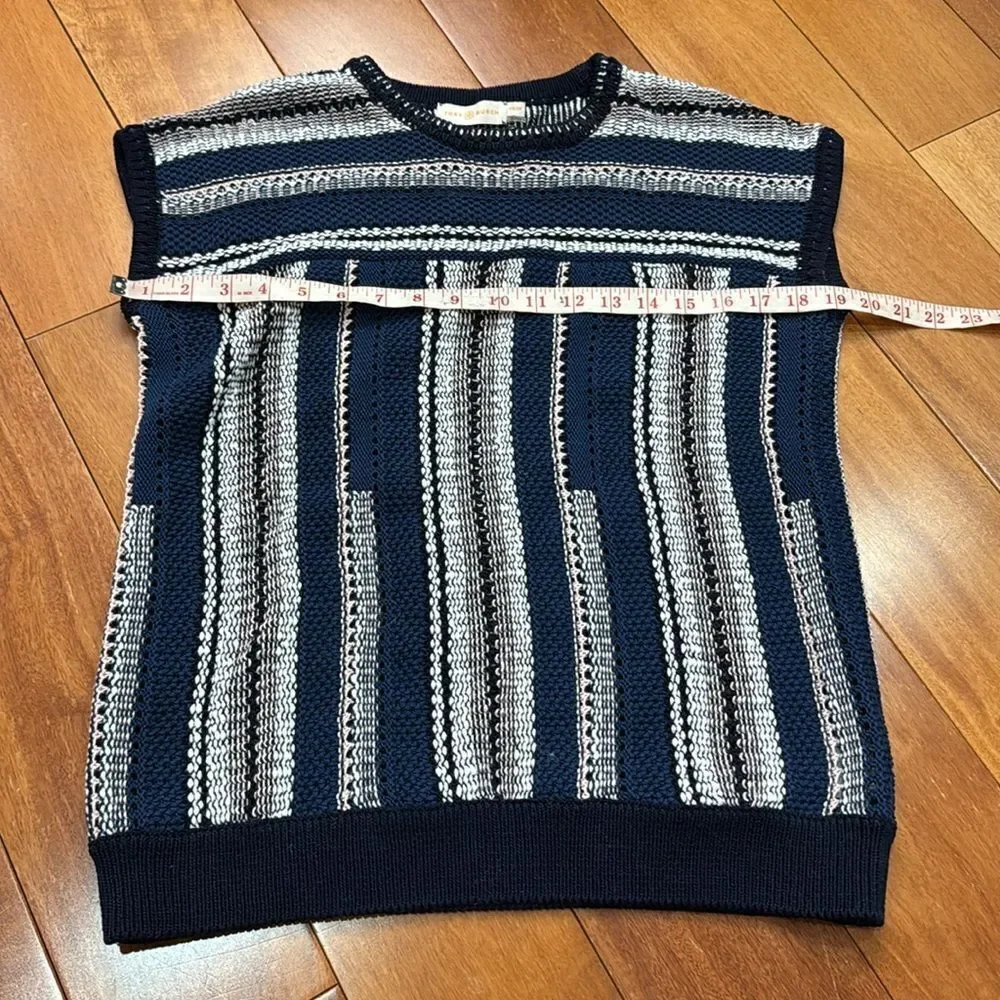 Tory Burch Knit Linen Blend Navy Blue‎ Striped Crochet geometric Top Size XS